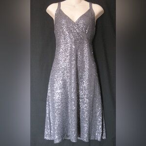NWT EILEEN FISHER Silk Cotton Sequin Sparkle STEEL Gray Evening Dress M